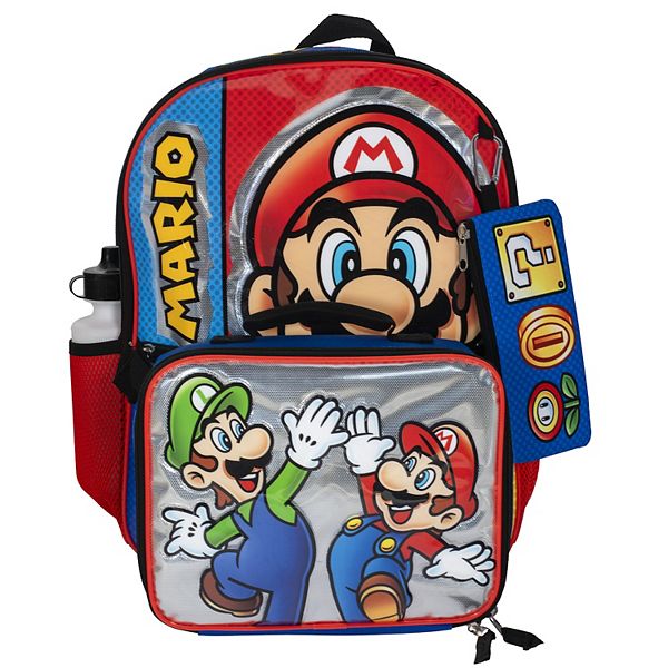 Mario & Luigi 5-Piece Backpack, Lunch Bag, Pencil Case, Carabiner & Water Bottle Set - Mario