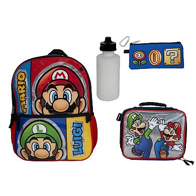 Mario & Luigi 5-Piece Backpack, Lunch Bag, Pencil Case, Carabiner & Water Bottle Set