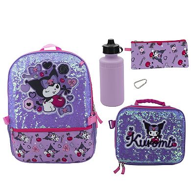 Kuromi 5-Piece Backpack, Lunch Bag, Pencil Case, Water Bottle, & Carabiner Set