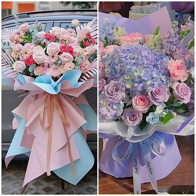 20 Sheets Flower Wrapping Paper, 22.8"x22.8" Floral Bouquet Craft Packaging Paper with Ribbon