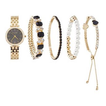 Jessica Carlyle Gold-Tone Watch & Bracelet Set with Crystal Accents & Simulated Pearls