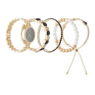 Jessica Carlyle Gold-Tone Watch & Bracelet Set with Crystal Accents & Simulated Pearls