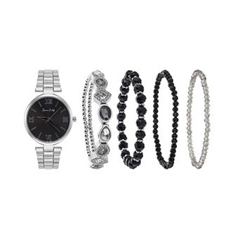 Jessica Carlyle Silver-Tone Watch & Bracelet Set with Crystal Accents & Stackable Bracelets