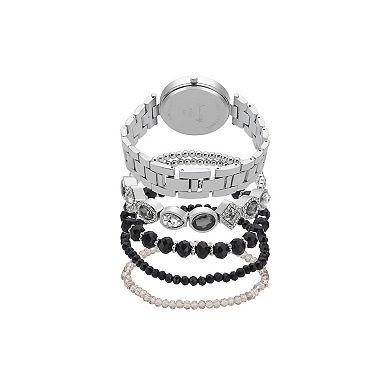 Jessica Carlyle Silver-Tone Watch & Bracelet Set with Crystal Accents & Stackable Bracelets
