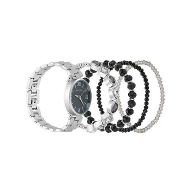 Jessica Carlyle Silver-Tone Watch & Bracelet Set with Crystal Accents & Stackable Bracelets
