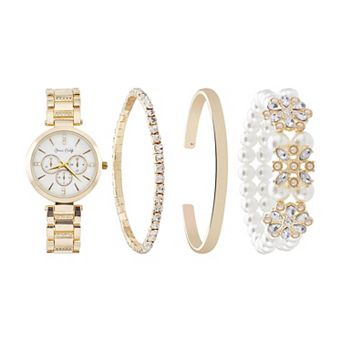 Jessica Carlyle Gold-Tone Watch & Bracelet Set with Crystal Accents & Simulated Pearl Details