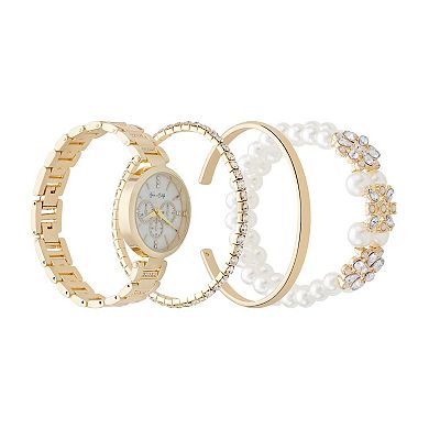 Jessica Carlyle Gold-Tone Watch & Bracelet Set with Crystal Accents & Simulated Pearl Details