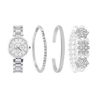 Jessica Carlyle Silver-Tone Watch & Bracelet Set with Crystal Accents & Simulated Pearl Details