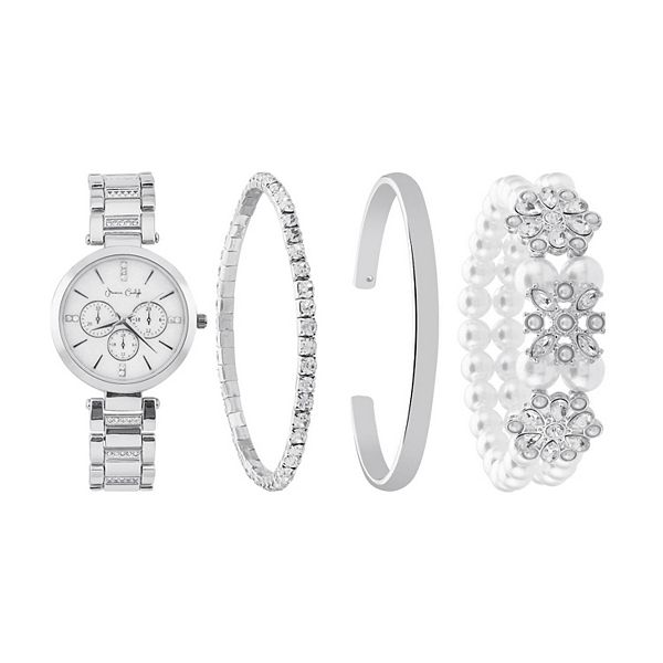 Jessica Carlyle Silver-Tone Watch & Bracelet Set with Crystal Accents & Simulated Pearl Details - Silver
