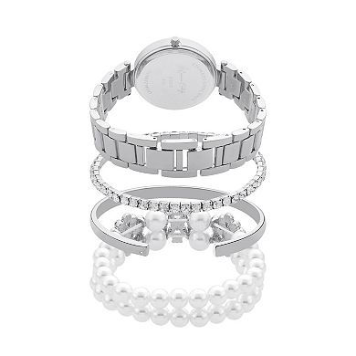 Jessica Carlyle Silver-Tone Watch & Bracelet Set with Crystal Accents & Simulated Pearl Details