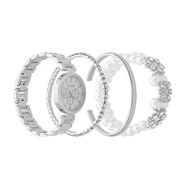 Jessica Carlyle Silver-Tone Watch & Bracelet Set with Crystal Accents & Simulated Pearl Details