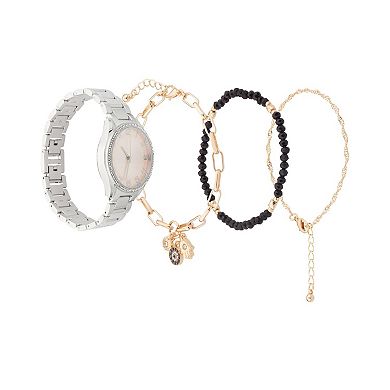 Jessica Carlyle Silver-Tone Watch & Bracelet Set with Crystal Accents & Beaded Details