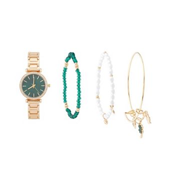 Jessica Carlyle Gold-Tone Watch & Bracelet Set with Crystal Accents & Beaded Details