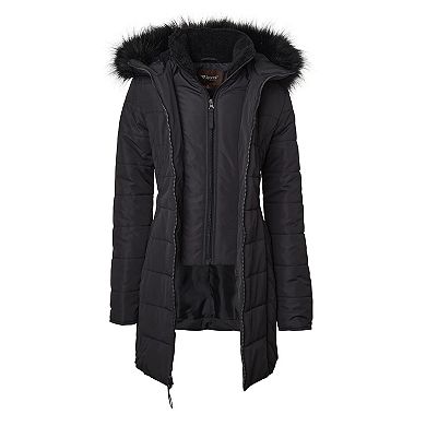 Women Quilted Down Alternative Winter Puffer Jacket Coat Faux Fur Trim Hood