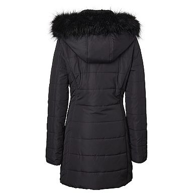 Women Quilted Down Alternative Winter Puffer Jacket Coat Faux Fur Trim Hood
