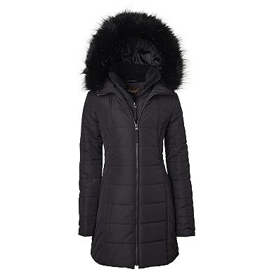 Women Quilted Down Alternative Winter Puffer Jacket Coat Faux Fur Trim Hood