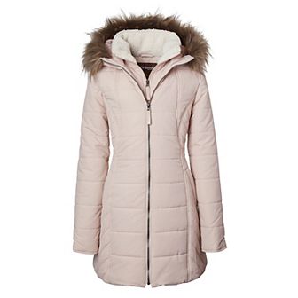 Women Quilted Down Alternative Winter Puffer Jacket Coat Faux Fur Trim Hood