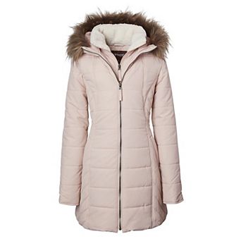 Women Quilted Down Alternative Winter Puffer Jacket Coat Faux Fur Trim Hood