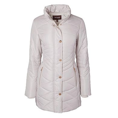 Women Longer Length Plush Lined Quilted Winter Puffer Coat Zip-Off Faux Fur Trim Hood