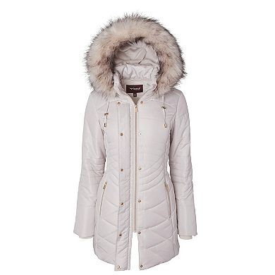 Women Longer Length Plush Lined Quilted Winter Puffer Coat Zip-Off Faux Fur Trim Hood
