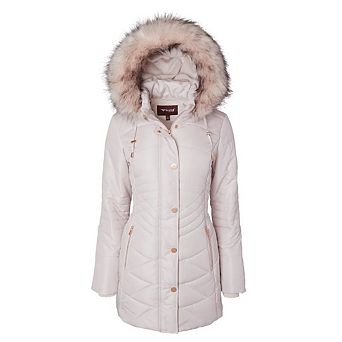Women Longer Length Plush Lined Quilted Winter Puffer Coat Zip-Off Faux Fur Trim Hood