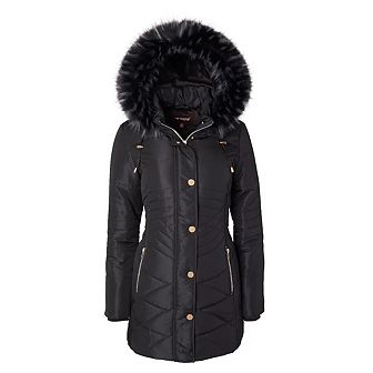 Women Longer Length Plush Lined Quilted Winter Puffer Coat Zip-Off Faux Fur Trim Hood