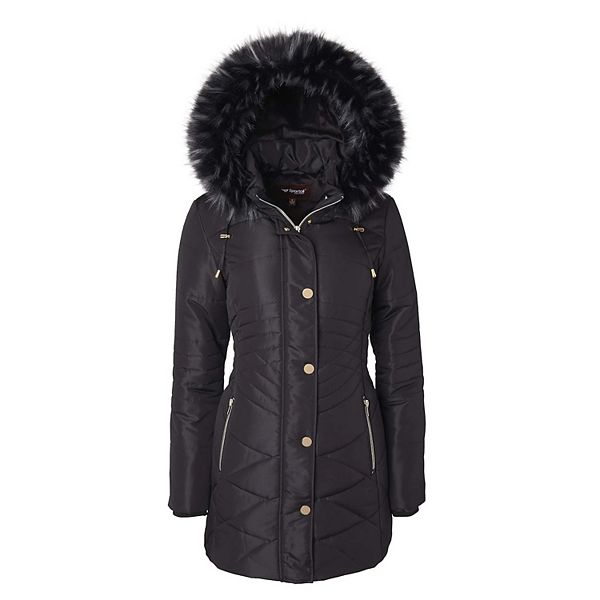 New $245 Laundry by Design Black Puffer Faux hotsell Fur Lined Hood Winter Coat Women L