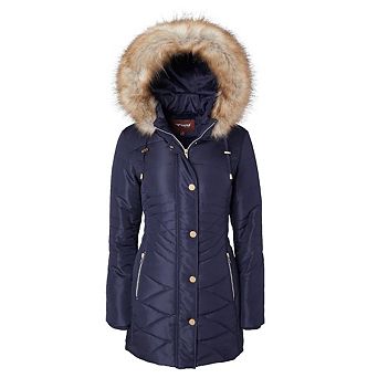 Women Longer Length Plush Lined Quilted Winter Puffer Coat Zip-Off Faux Fur Trim Hood