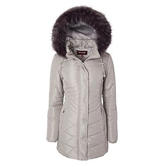 Women Longer Length Plush Lined Quilted Winter Puffer Coat Zip-Off Faux Fur Trim Hood