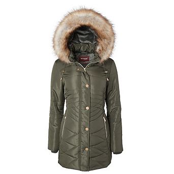 Women Longer Length Plush Lined Quilted Winter Puffer Coat Zip-Off Faux Fur Trim Hood