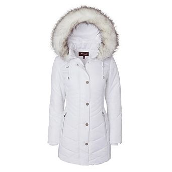 Women Longer Length Plush Lined Quilted Winter Puffer Coat Zip-Off Faux Fur Trim Hood