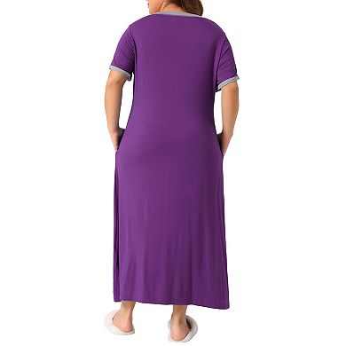 Plus Size Women's Long Nightgowns Short Sleeve Loungewear V Neck Sleepwear with Pockets