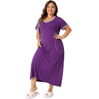 Plus Size Women's Long Nightgowns Short Sleeve Loungewear V Neck Sleepwear with Pockets