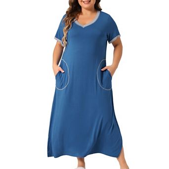 Plus Size Women's Long Nightgowns Short Sleeve Loungewear V Neck Sleepwear with Pockets