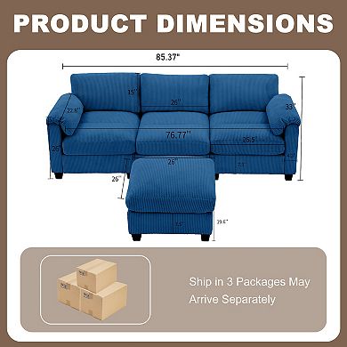 SERWALL Corduroy Sectional Sofas with a Removable Ottoman, L-shaped Reversible 4-seat Modular Couch
