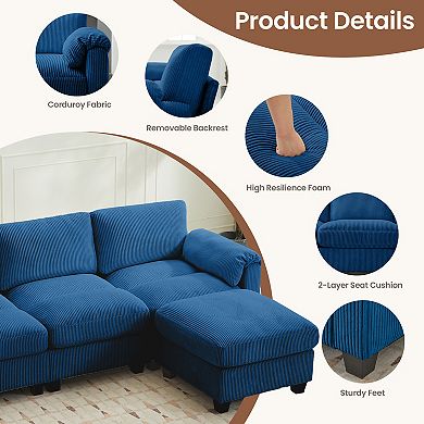 SERWALL Corduroy Sectional Sofas with a Removable Ottoman, L-shaped Reversible 4-seat Modular Couch