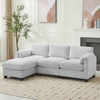 Corduroy Sectional Sofas with a Removable Ottoman, L-shaped Reversible 4-seat Modular Couch