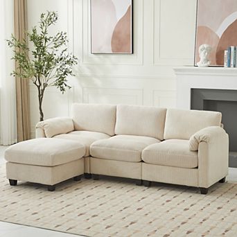 Corduroy Sectional Sofas with a Removable Ottoman, L-shaped Reversible 4-seat Modular Couch