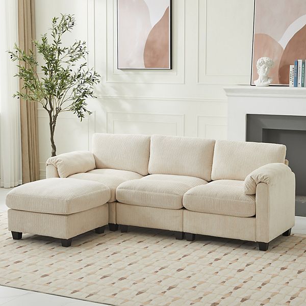 SERWALL Corduroy Sectional Sofas with a Removable Ottoman, L-shaped Reversible 4-seat Modular Couch - Off White