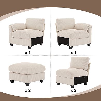 SERWALL Corduroy Sectional Sofa with 2 Removable Ottomans, U-shaped Symmetrical 6-seat Modular Couch