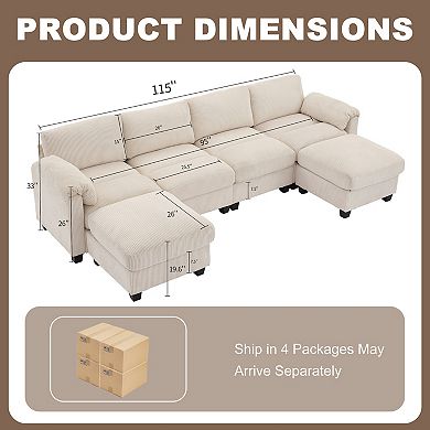SERWALL Corduroy Sectional Sofa with 2 Removable Ottomans, U-shaped Symmetrical 6-seat Modular Couch