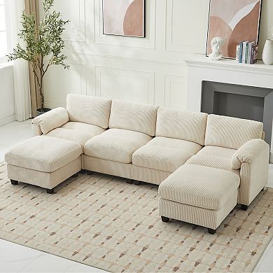 SERWALL Corduroy Sectional Sofa with 2 Removable Ottomans, U-shaped Symmetrical 6-seat Modular Couch
