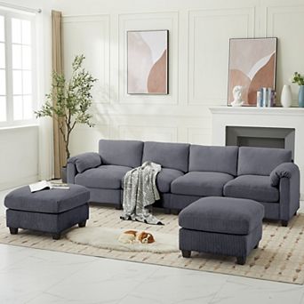 Corduroy Sectional Sofa with 2 Removable Ottomans, U-shaped Symmetrical 6-seat Modular Couch