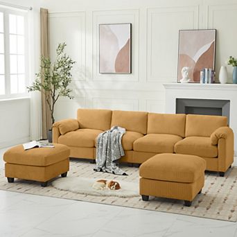 Corduroy Sectional Sofa with 2 Removable Ottomans, U-shaped Symmetrical 6-seat Modular Couch