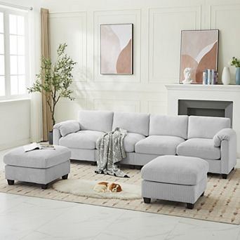 Corduroy Sectional Sofa with 2 Removable Ottomans, U-shaped Symmetrical 6-seat Modular Couch