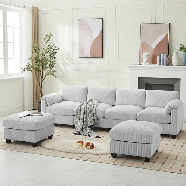 SERWALL Corduroy Sectional Sofa with 2 Removable Ottomans, U-shaped Symmetrical 6-seat Modular Couch - Mist Grey