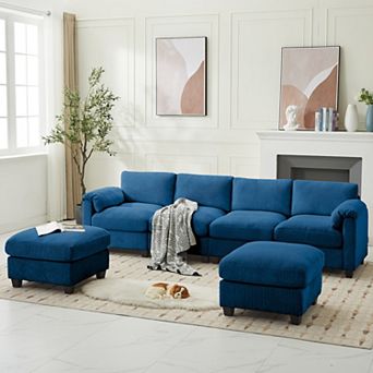 Corduroy Sectional Sofa with 2 Removable Ottomans, U-shaped Symmetrical 6-seat Modular Couch