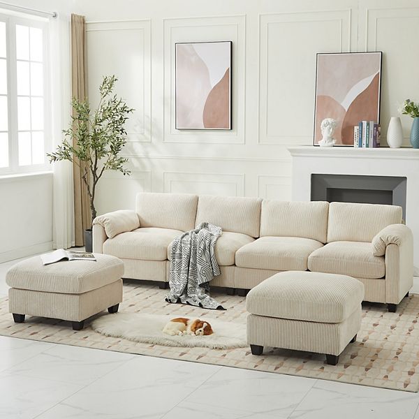 SERWALL Corduroy Sectional Sofa with 2 Removable Ottomans, U-shaped Symmetrical 6-seat Modular Couch - Off White