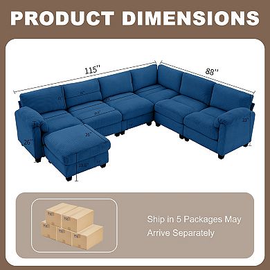 7-seat Corduroy Corner Sectional Sofas with a Removable Ottoman, L-shaped Reversible Modular Couch