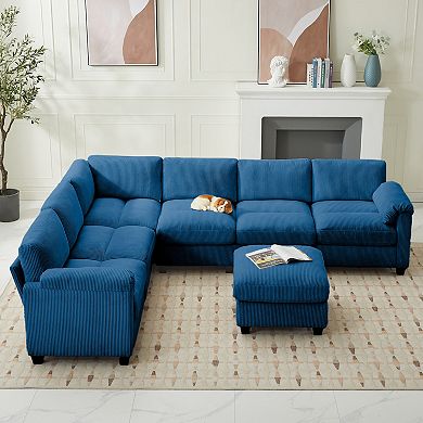 7-seat Corduroy Corner Sectional Sofas with a Removable Ottoman, L-shaped Reversible Modular Couch